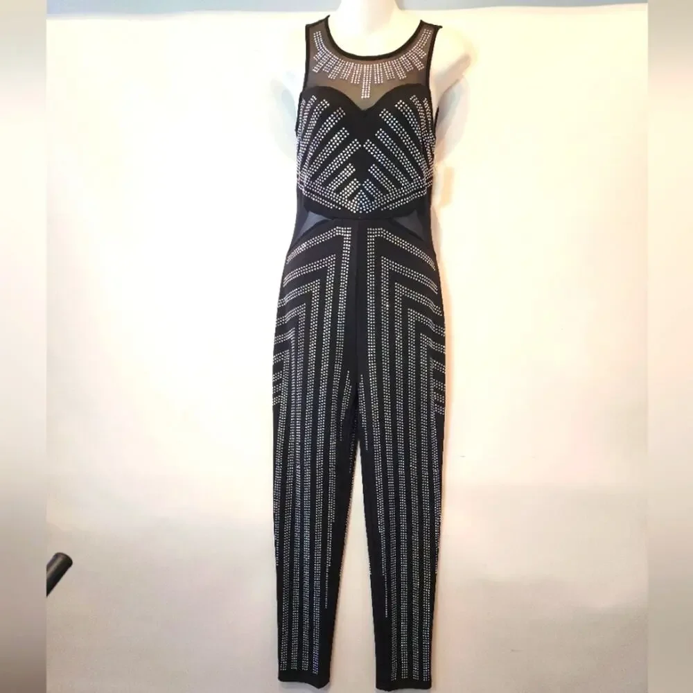 New‎ J. Our Rhinestone Jumpsuit Party Wedding Special Event Black Silver Size M